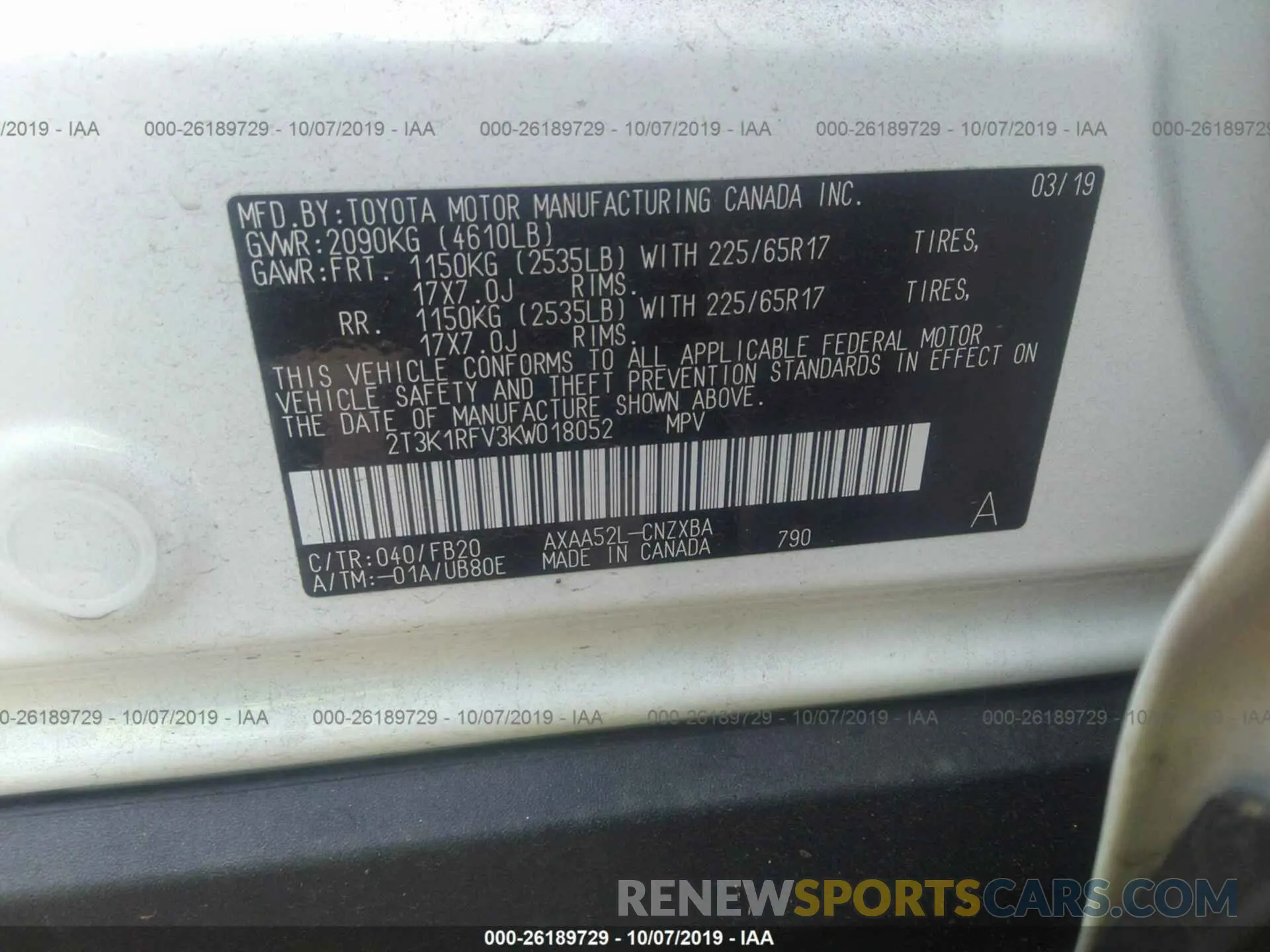 9 Photograph of a damaged car 2T3K1RFV3KW018052 TOYOTA RAV4 2019