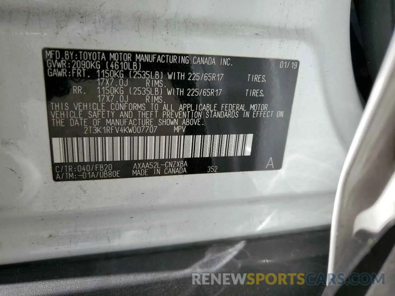 14 Photograph of a damaged car 2T3K1RFV4KW007707 TOYOTA RAV4 2019