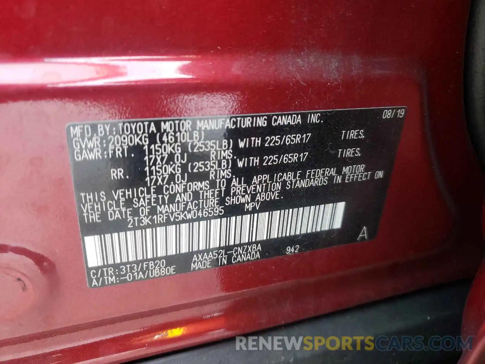 10 Photograph of a damaged car 2T3K1RFV5KW046595 TOYOTA RAV4 2019