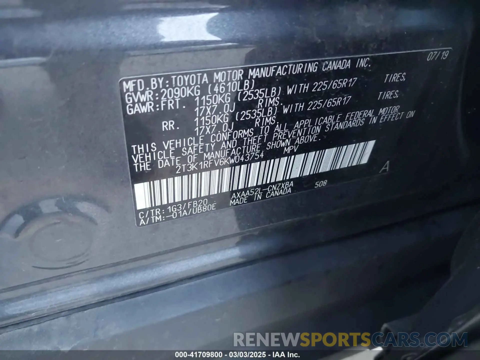 9 Photograph of a damaged car 2T3K1RFV6KW043754 TOYOTA RAV4 2019
