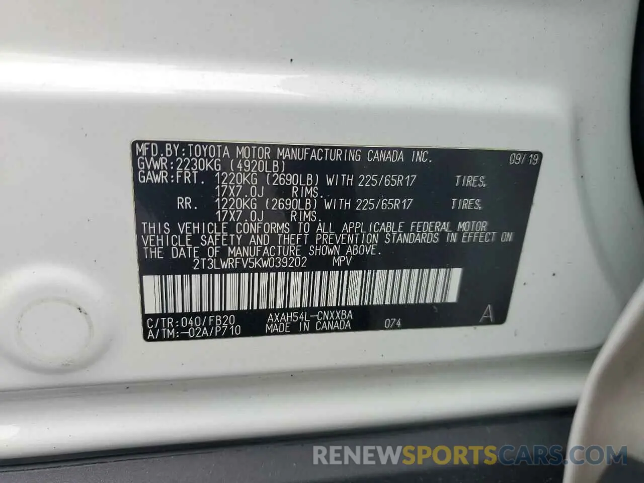 13 Photograph of a damaged car 2T3LWRFV5KW039202 TOYOTA RAV4 2019