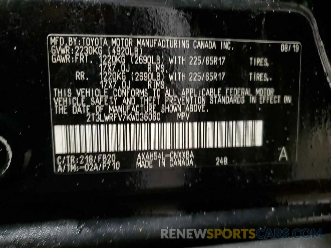 16 Photograph of a damaged car 2T3LWRFV7KW036060 TOYOTA RAV4 2019