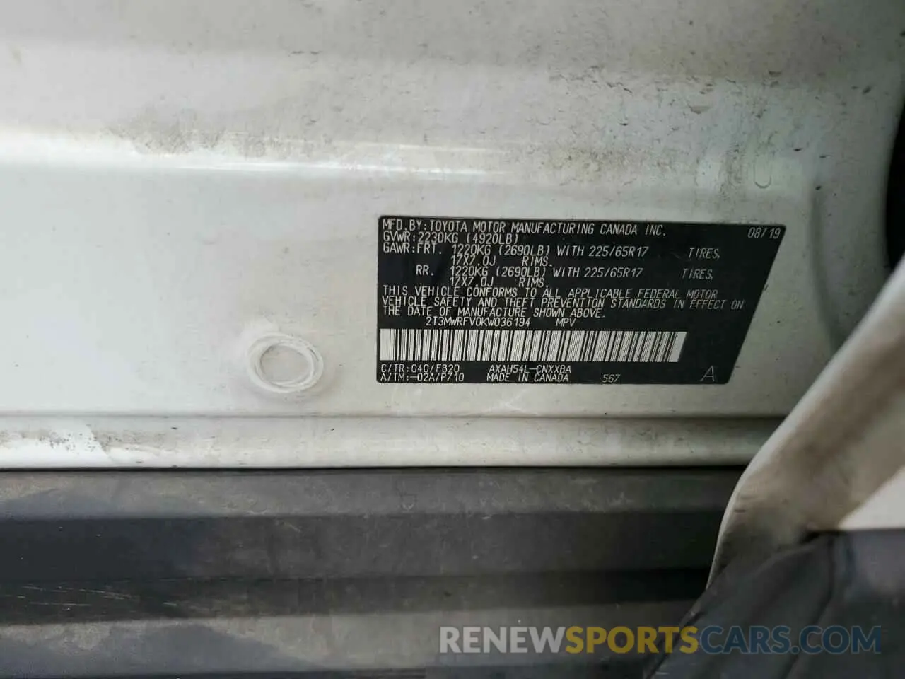 13 Photograph of a damaged car 2T3MWRFV0KW036194 TOYOTA RAV4 2019