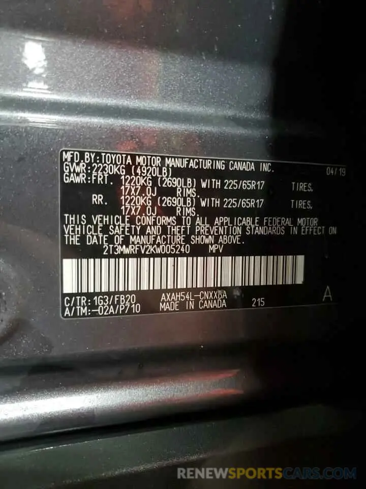 13 Photograph of a damaged car 2T3MWRFV2KW005240 TOYOTA RAV4 2019