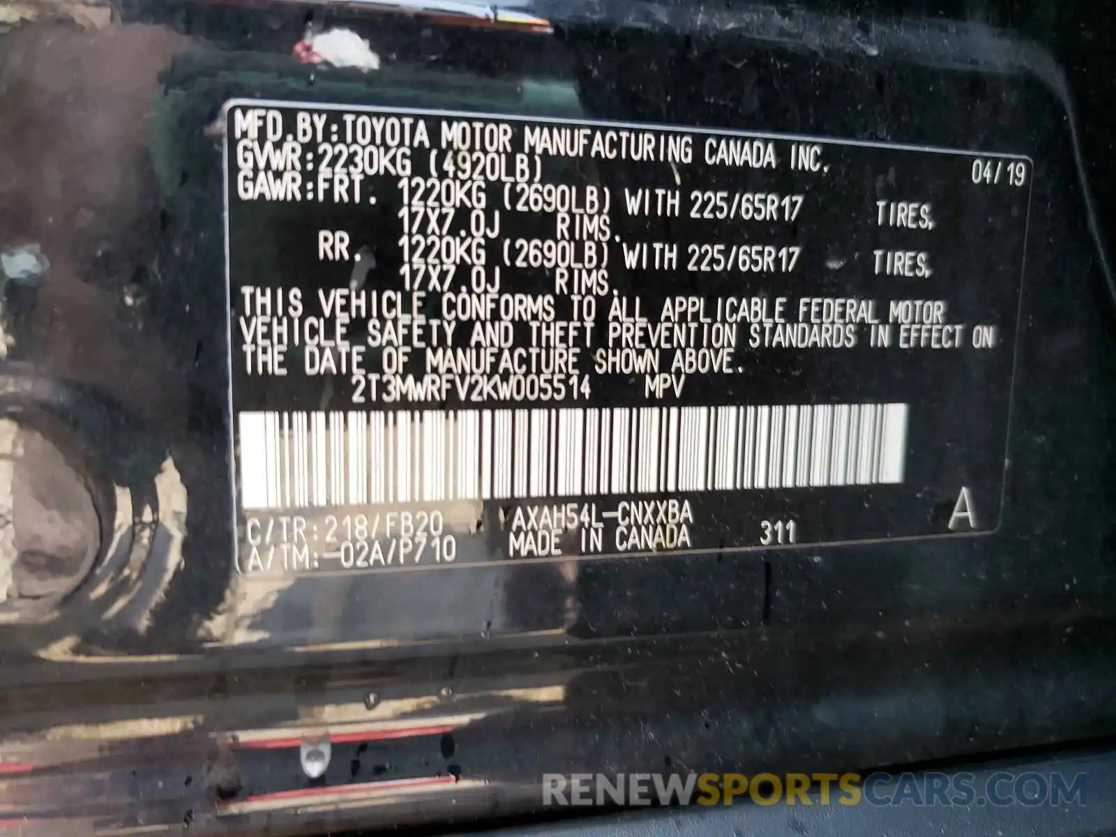 10 Photograph of a damaged car 2T3MWRFV2KW005514 TOYOTA RAV4 2019