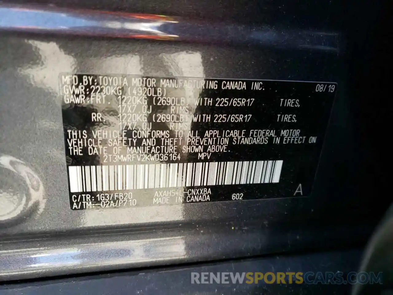 10 Photograph of a damaged car 2T3MWRFV2KW036164 TOYOTA RAV4 2019