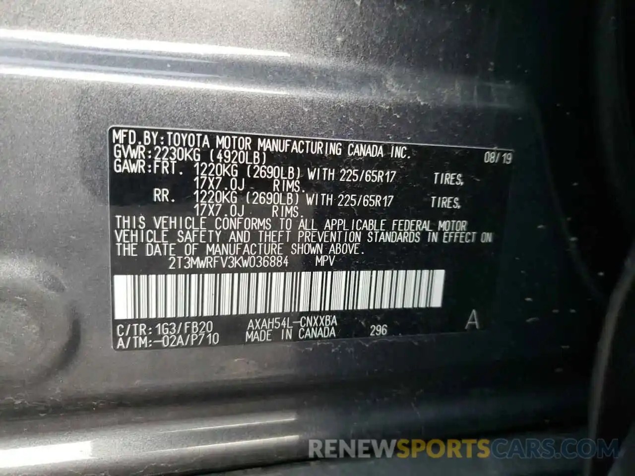 13 Photograph of a damaged car 2T3MWRFV3KW036884 TOYOTA RAV4 2019