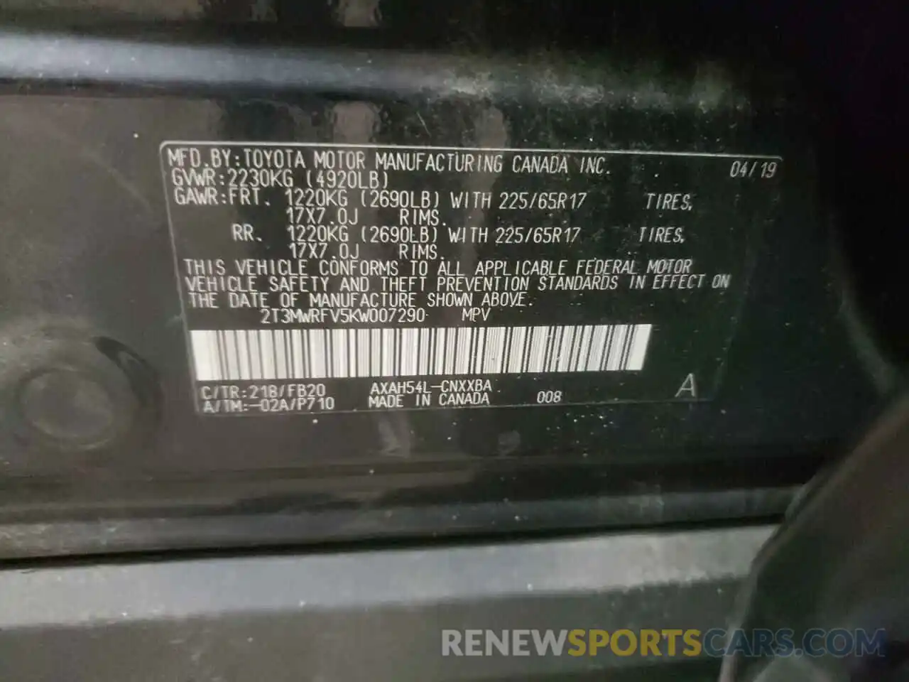 10 Photograph of a damaged car 2T3MWRFV5KW007290 TOYOTA RAV4 2019