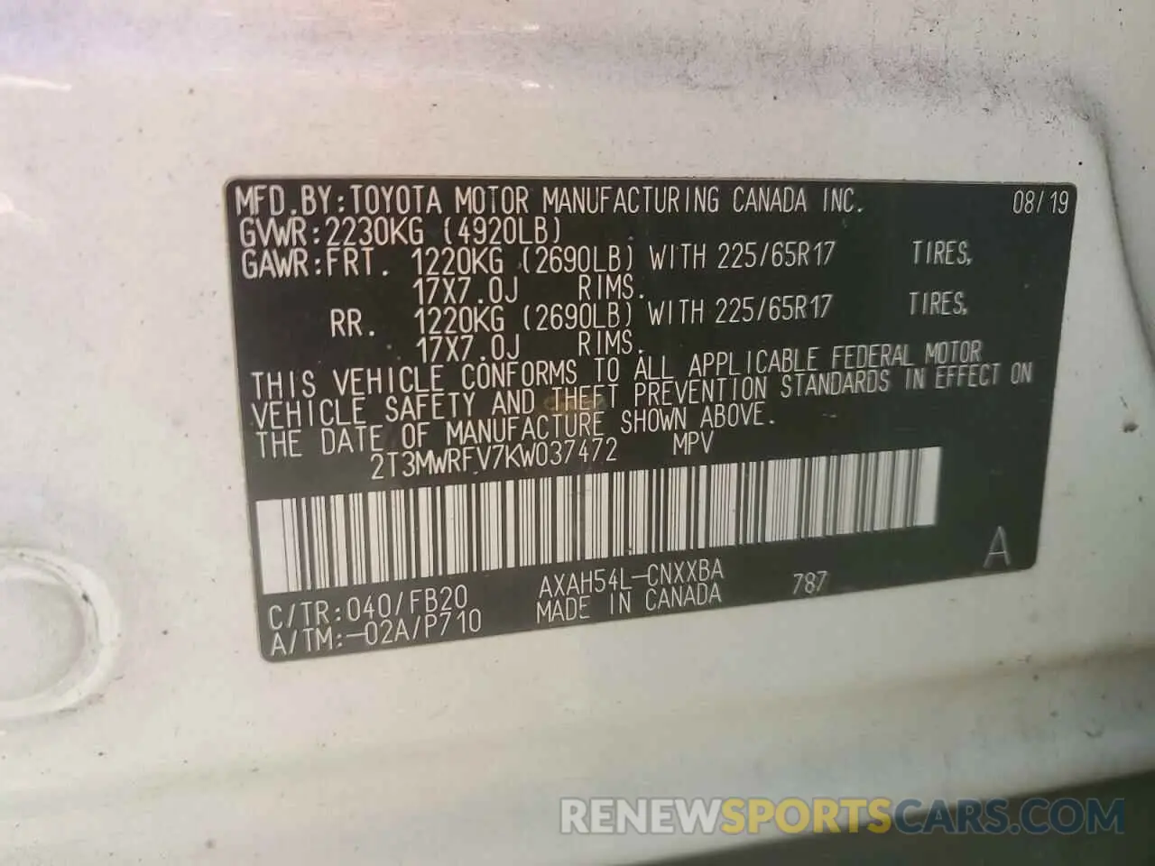 14 Photograph of a damaged car 2T3MWRFV7KW037472 TOYOTA RAV4 2019