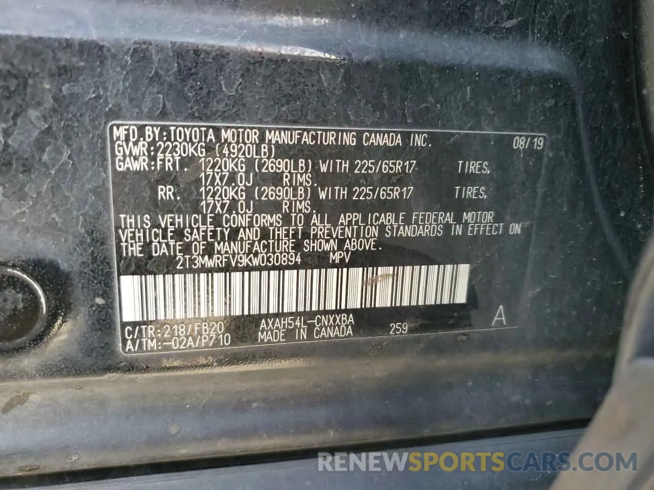 15 Photograph of a damaged car 2T3MWRFV9KW030894 TOYOTA RAV4 2019