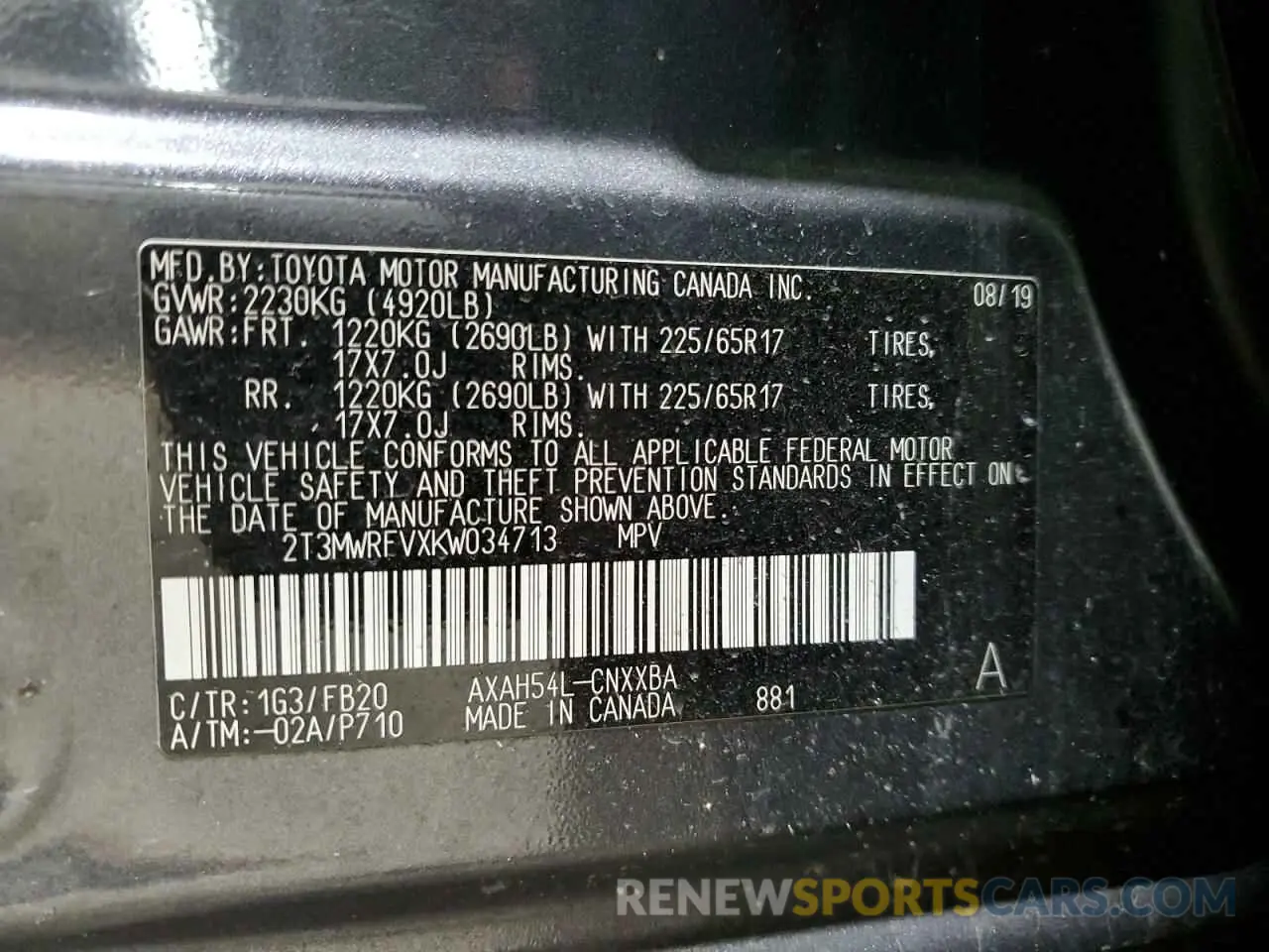 13 Photograph of a damaged car 2T3MWRFVXKW034713 TOYOTA RAV4 2019