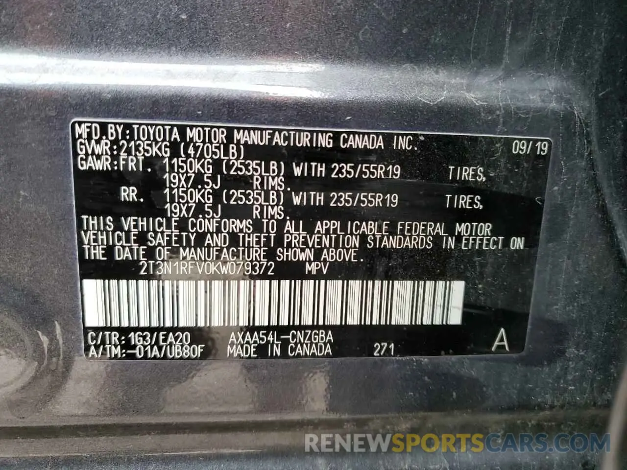 13 Photograph of a damaged car 2T3N1RFV0KW079372 TOYOTA RAV4 2019