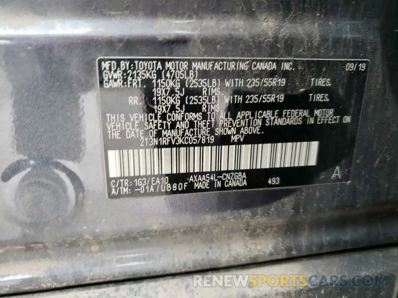 10 Photograph of a damaged car 2T3N1RFV3KC057819 TOYOTA RAV4 2019