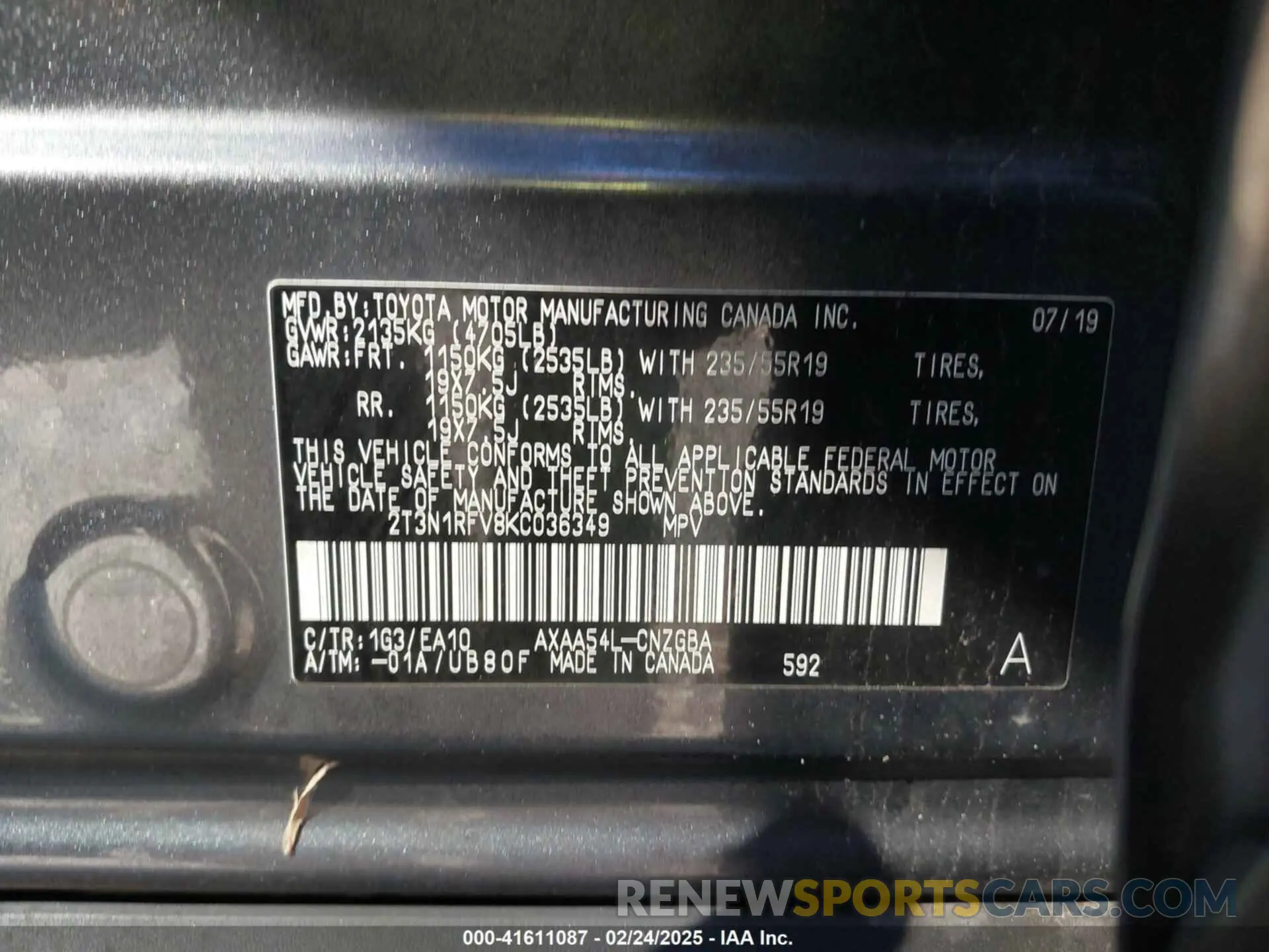 9 Photograph of a damaged car 2T3N1RFV8KC036349 TOYOTA RAV4 2019