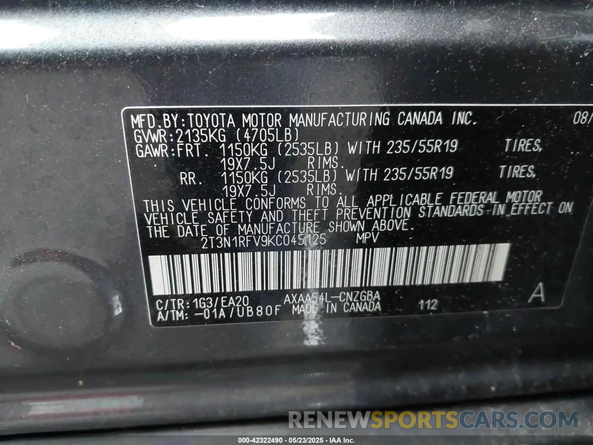 9 Photograph of a damaged car 2T3N1RFV9KC045125 TOYOTA RAV4 2019