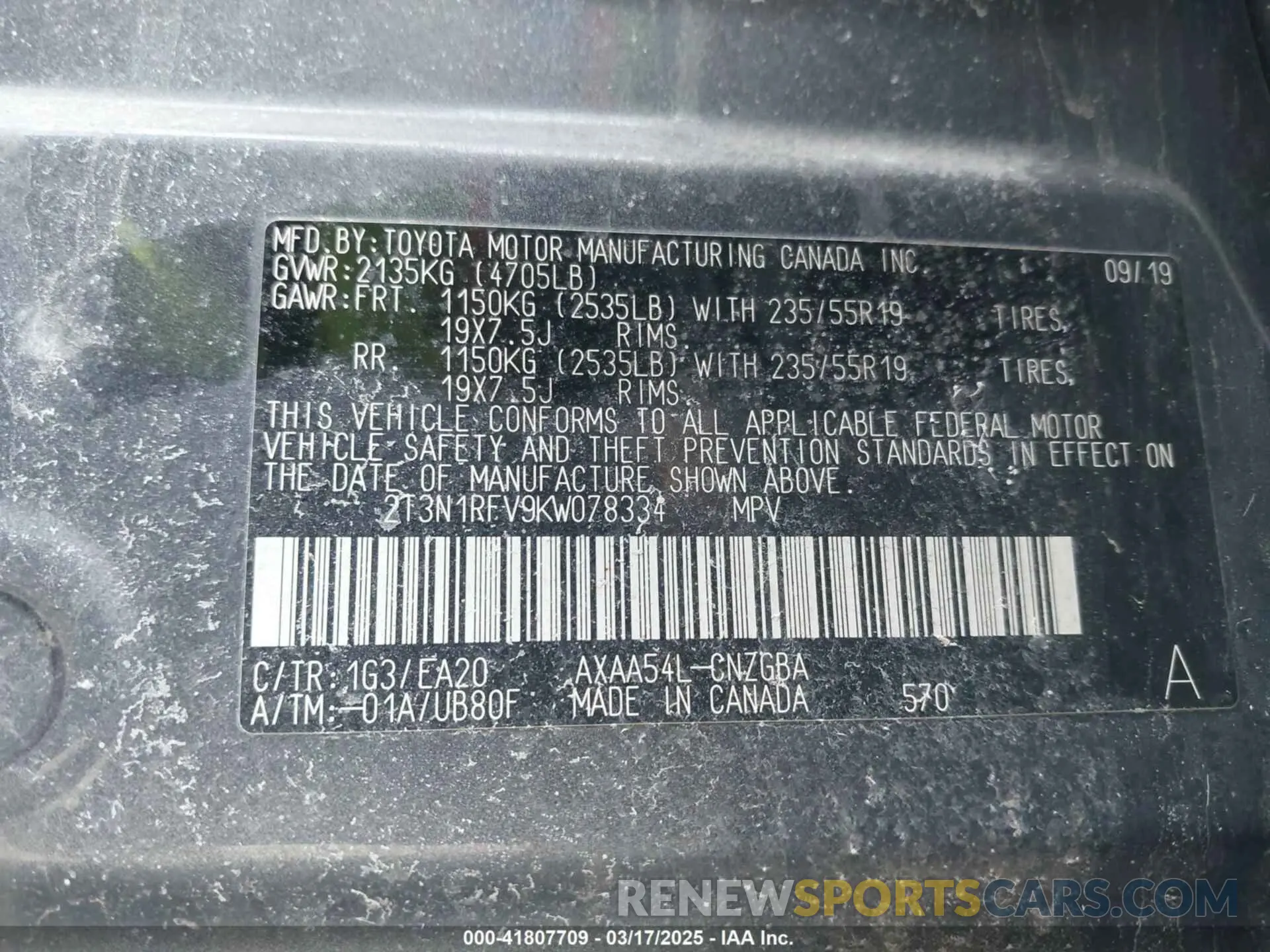 9 Photograph of a damaged car 2T3N1RFV9KW078334 TOYOTA RAV4 2019