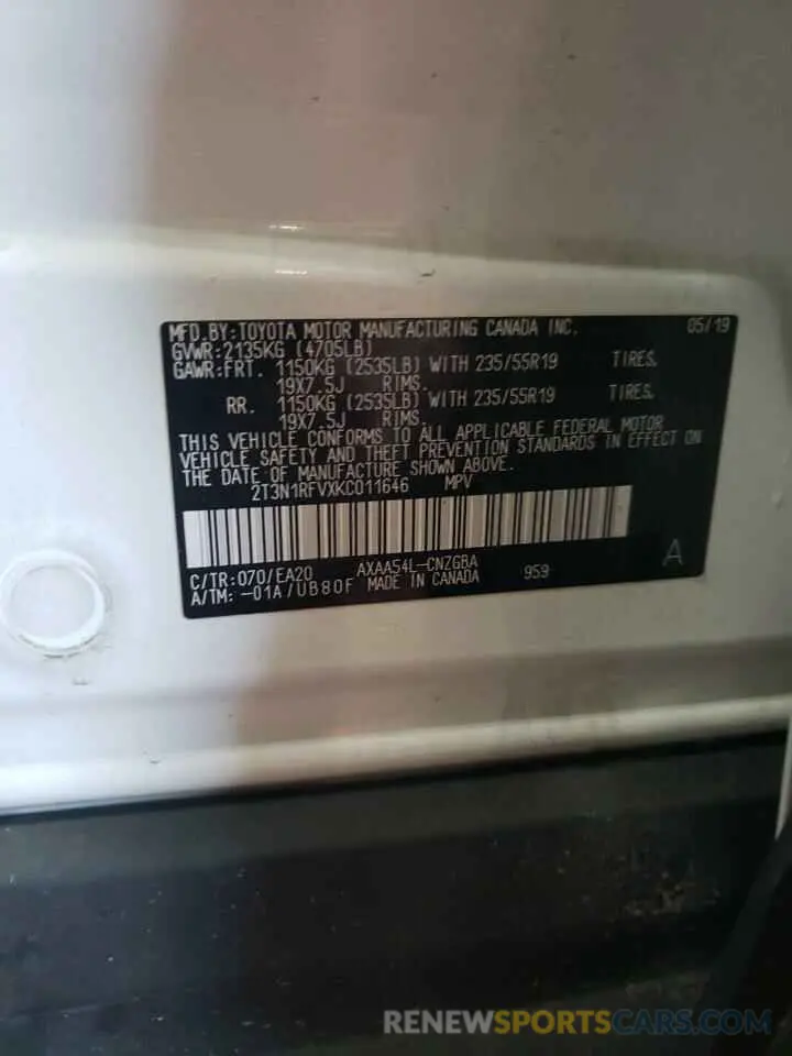 13 Photograph of a damaged car 2T3N1RFVXKC011646 TOYOTA RAV4 2019