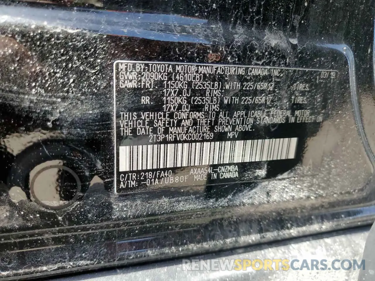 13 Photograph of a damaged car 2T3P1RFV0KC002169 TOYOTA RAV4 2019