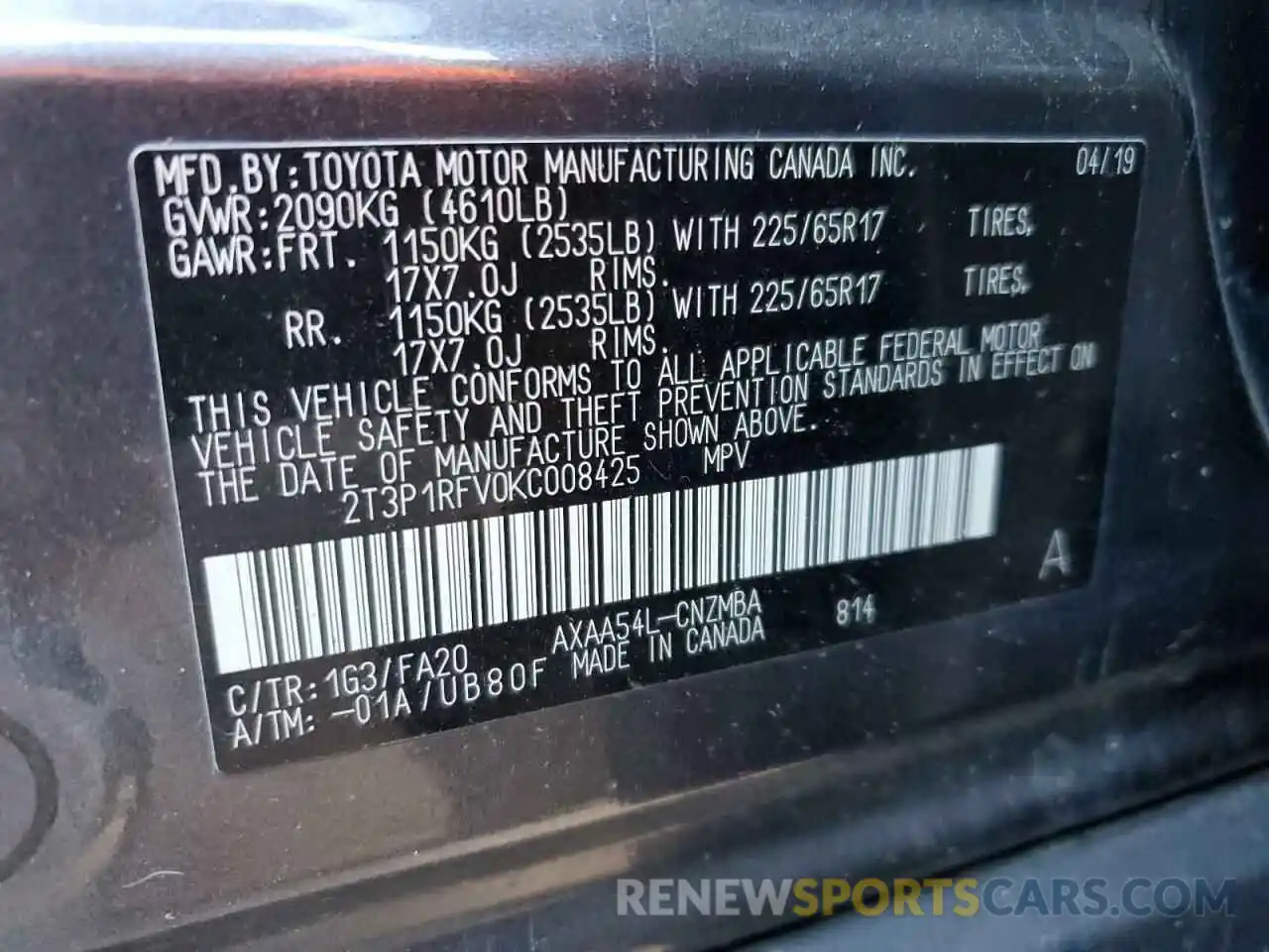 13 Photograph of a damaged car 2T3P1RFV0KC008425 TOYOTA RAV4 2019