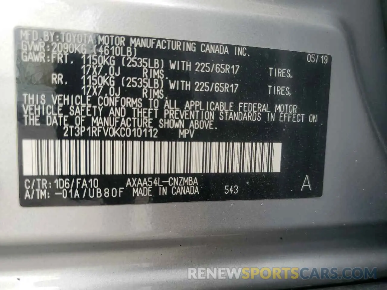 13 Photograph of a damaged car 2T3P1RFV0KC010112 TOYOTA RAV4 2019