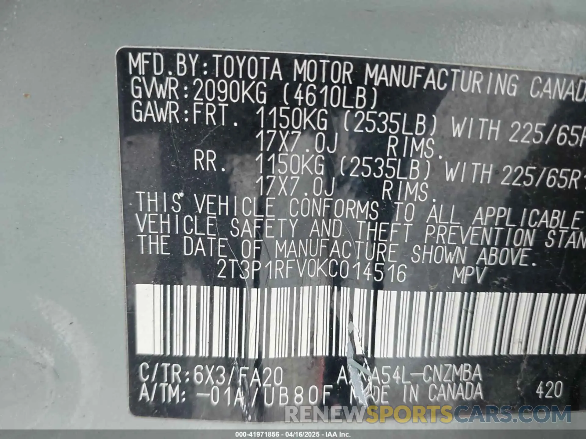 9 Photograph of a damaged car 2T3P1RFV0KC014516 TOYOTA RAV4 2019