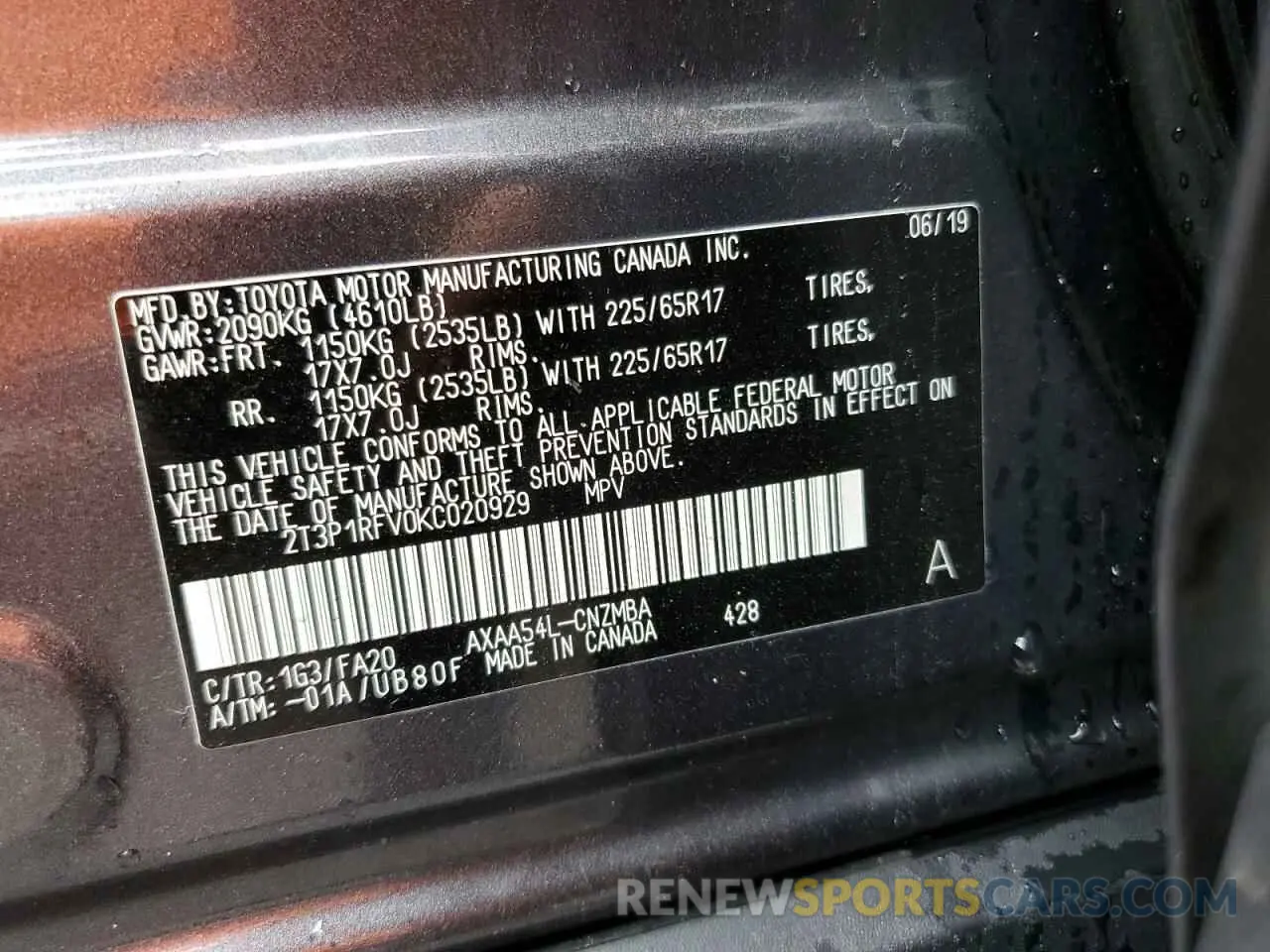 10 Photograph of a damaged car 2T3P1RFV0KC020929 TOYOTA RAV4 2019