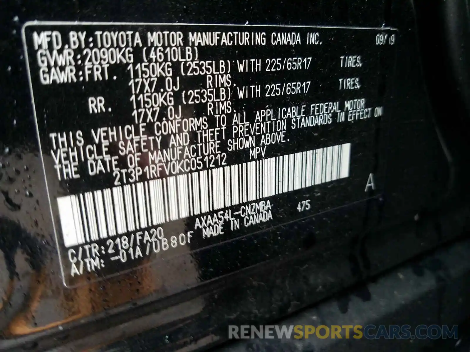 10 Photograph of a damaged car 2T3P1RFV0KC051212 TOYOTA RAV4 2019