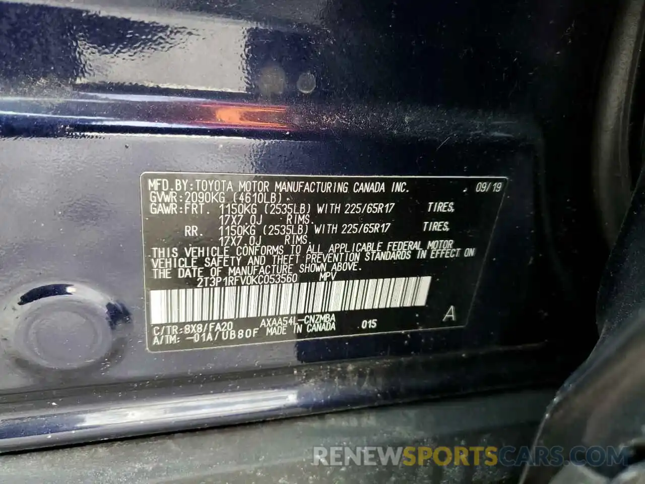 13 Photograph of a damaged car 2T3P1RFV0KC053560 TOYOTA RAV4 2019