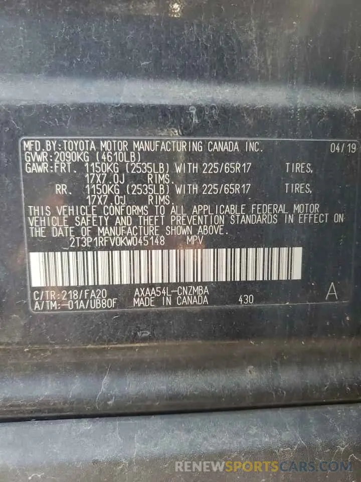 13 Photograph of a damaged car 2T3P1RFV0KW045148 TOYOTA RAV4 2019