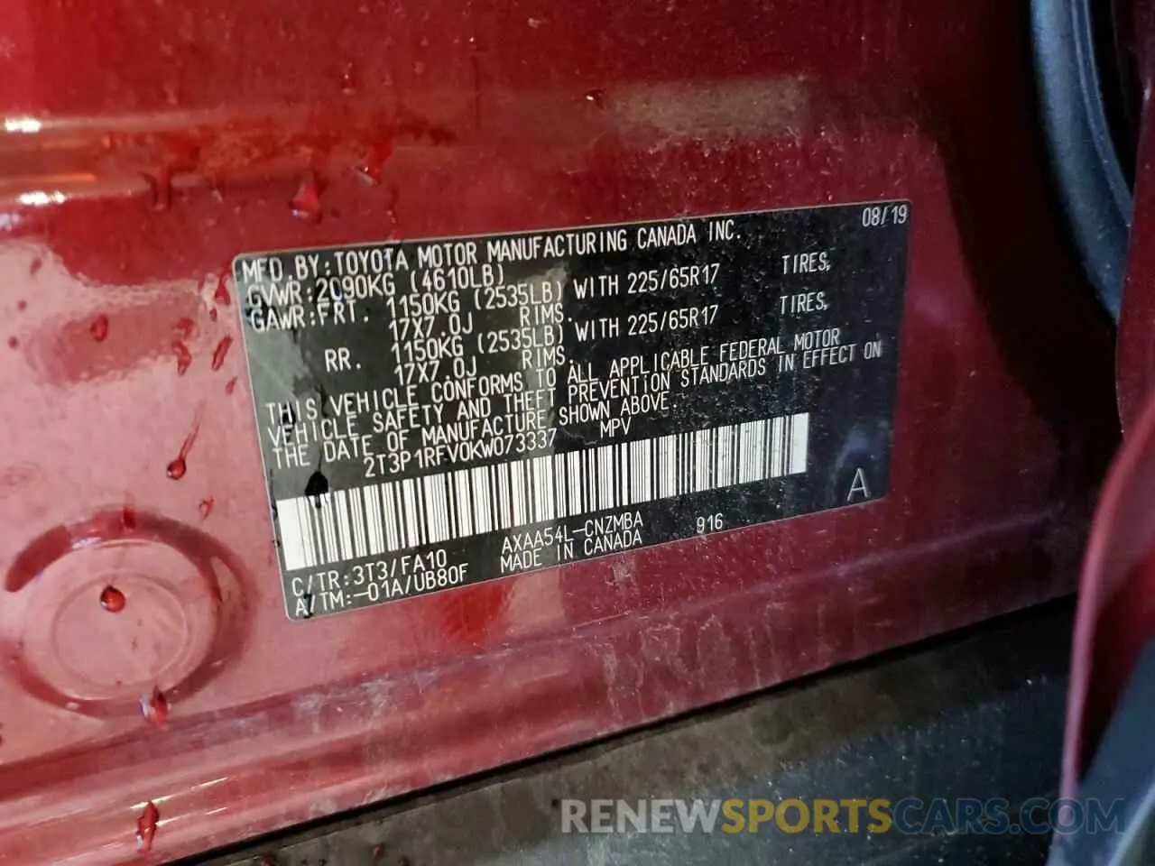 13 Photograph of a damaged car 2T3P1RFV0KW073337 TOYOTA RAV4 2019