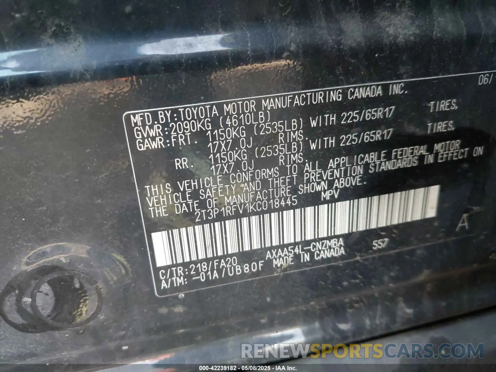 9 Photograph of a damaged car 2T3P1RFV1KC018445 TOYOTA RAV4 2019