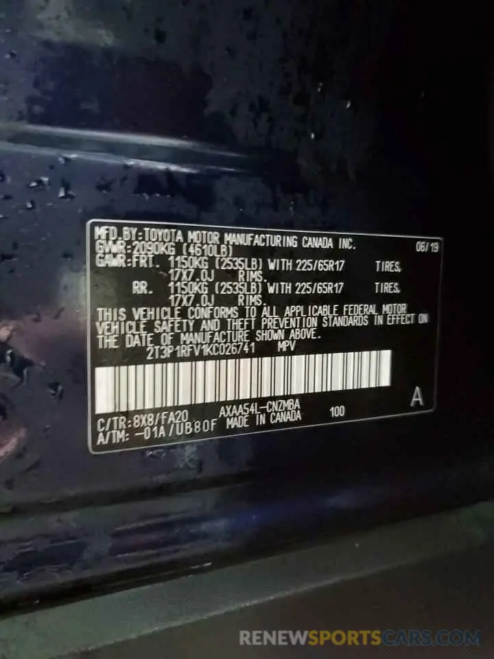 13 Photograph of a damaged car 2T3P1RFV1KC026741 TOYOTA RAV4 2019