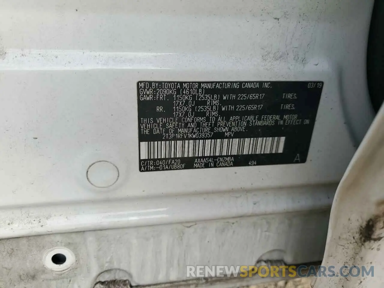 14 Photograph of a damaged car 2T3P1RFV1KW039357 TOYOTA RAV4 2019