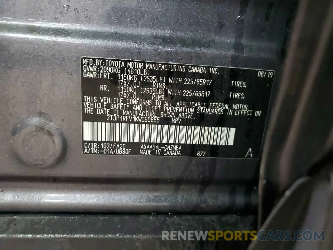 13 Photograph of a damaged car 2T3P1RFV1KW060855 TOYOTA RAV4 2019