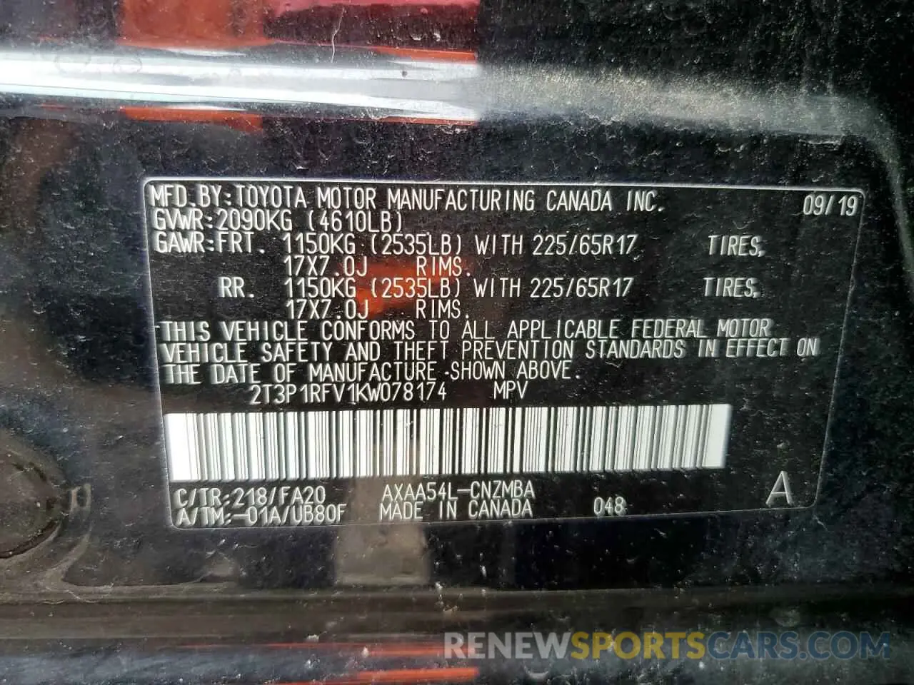 13 Photograph of a damaged car 2T3P1RFV1KW078174 TOYOTA RAV4 2019