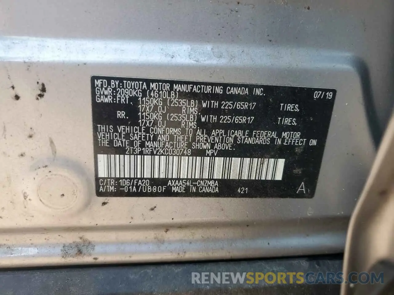 13 Photograph of a damaged car 2T3P1RFV2KC030748 TOYOTA RAV4 2019