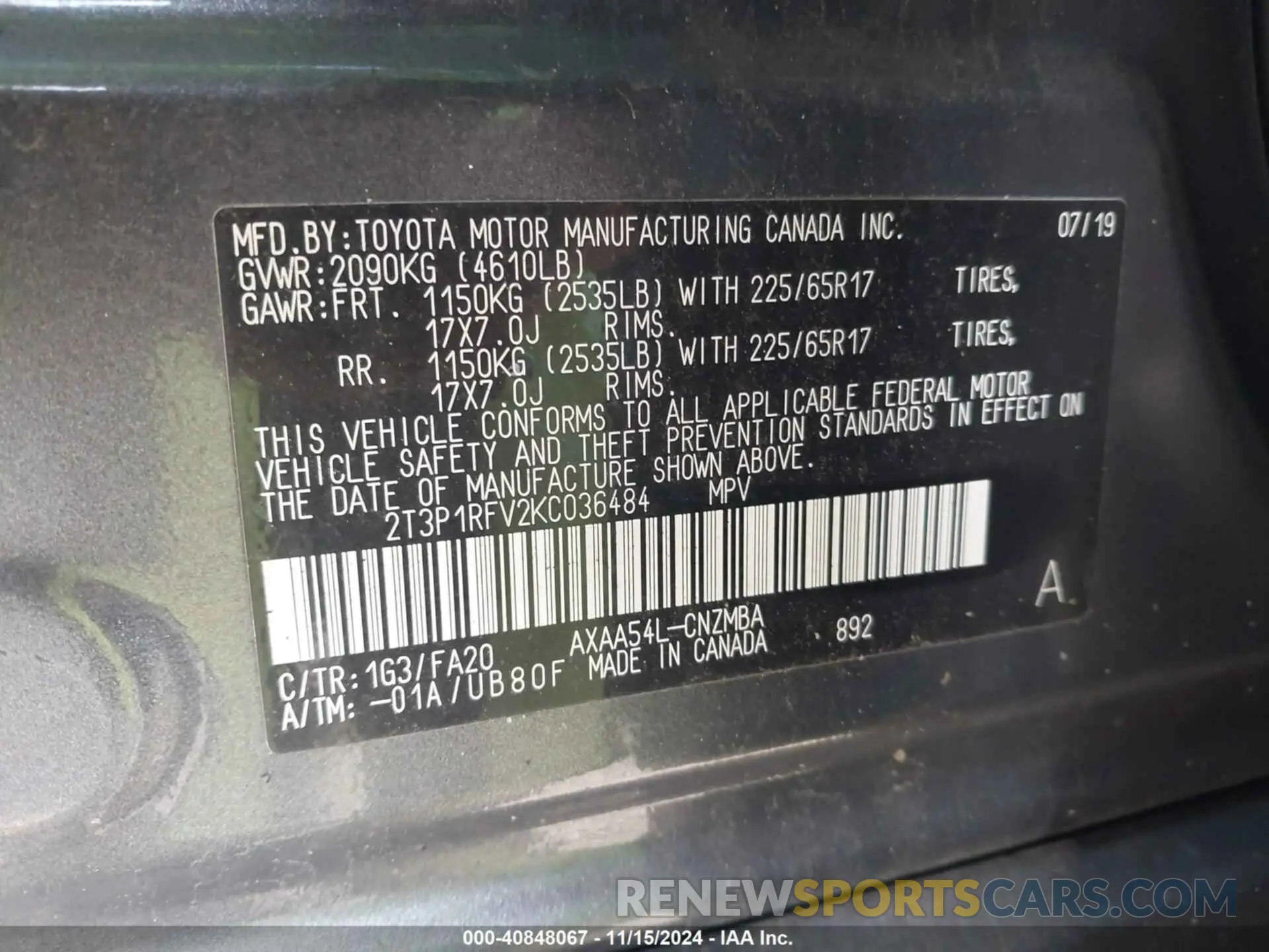 9 Photograph of a damaged car 2T3P1RFV2KC036484 TOYOTA RAV4 2019