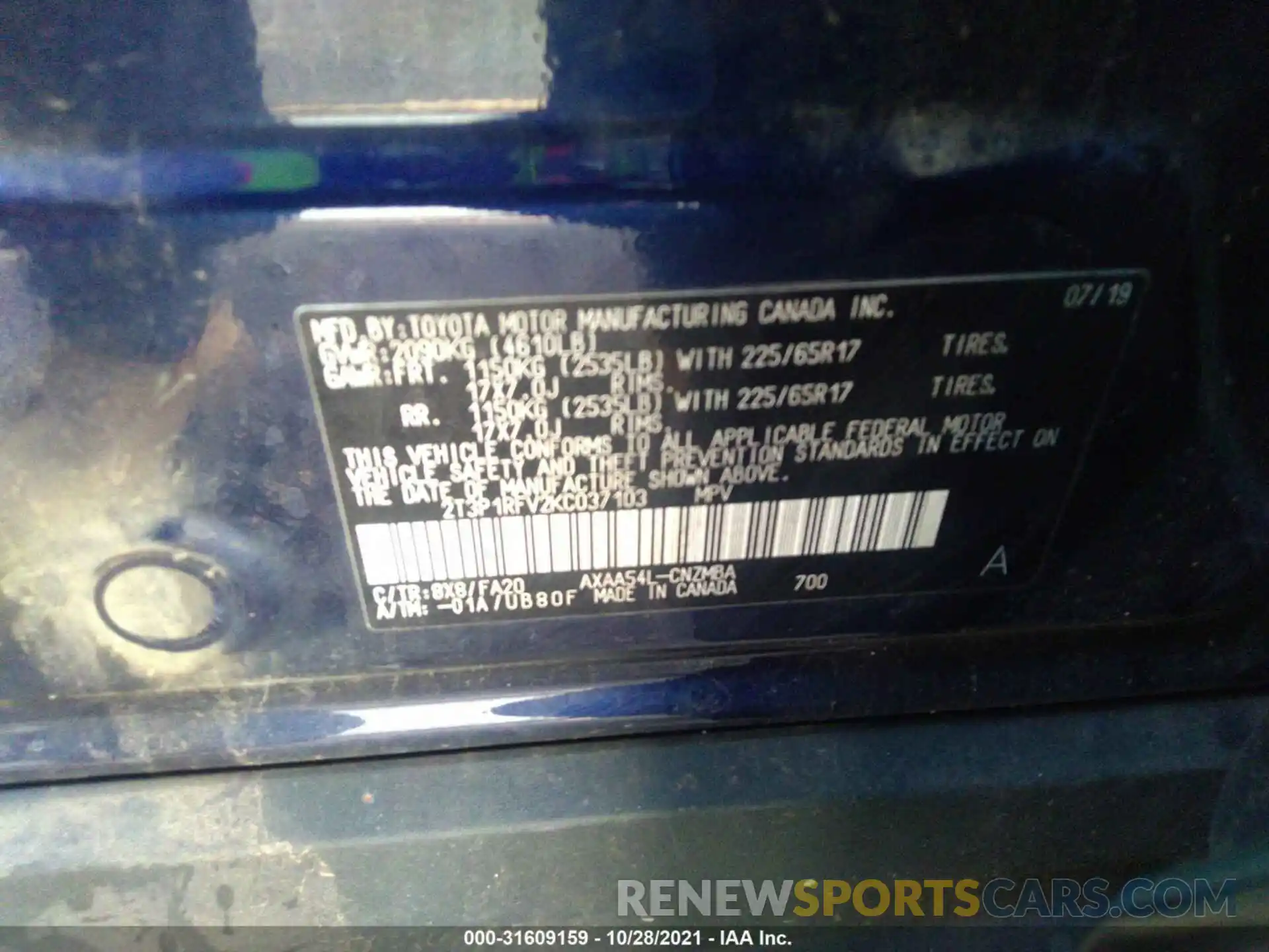 9 Photograph of a damaged car 2T3P1RFV2KC037103 TOYOTA RAV4 2019