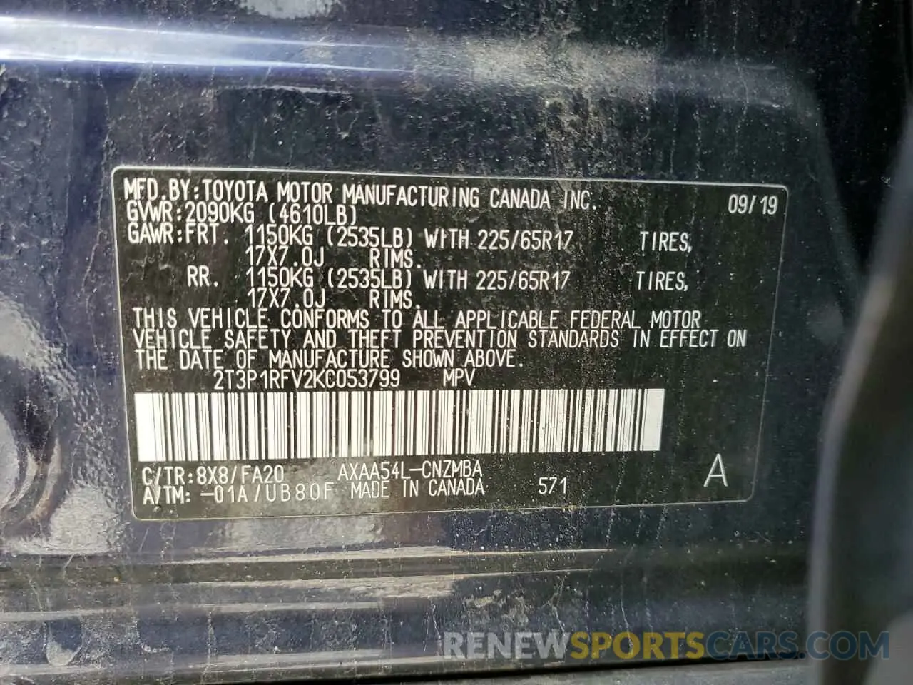 13 Photograph of a damaged car 2T3P1RFV2KC053799 TOYOTA RAV4 2019
