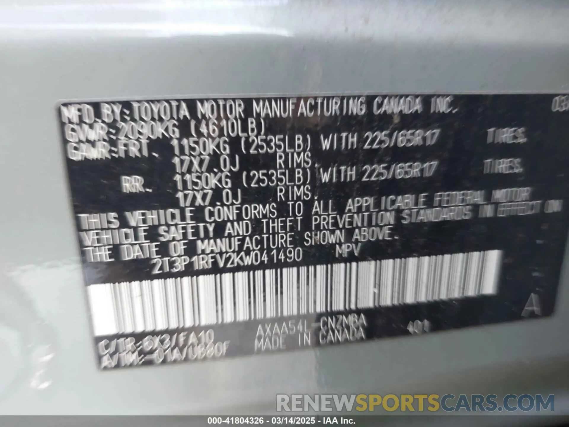 9 Photograph of a damaged car 2T3P1RFV2KW041490 TOYOTA RAV4 2019