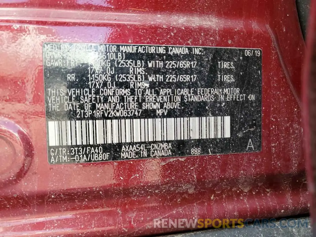 13 Photograph of a damaged car 2T3P1RFV2KW063747 TOYOTA RAV4 2019
