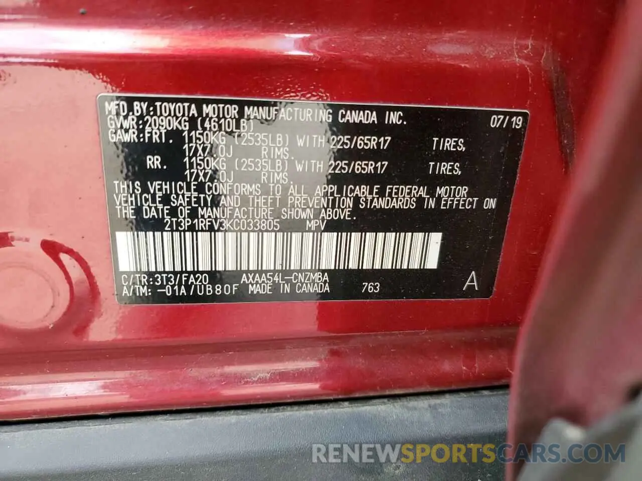 13 Photograph of a damaged car 2T3P1RFV3KC033805 TOYOTA RAV4 2019