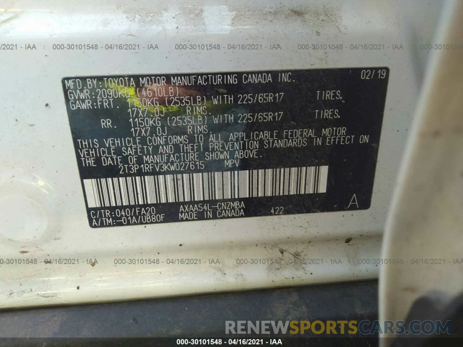 9 Photograph of a damaged car 2T3P1RFV3KW027615 TOYOTA RAV4 2019