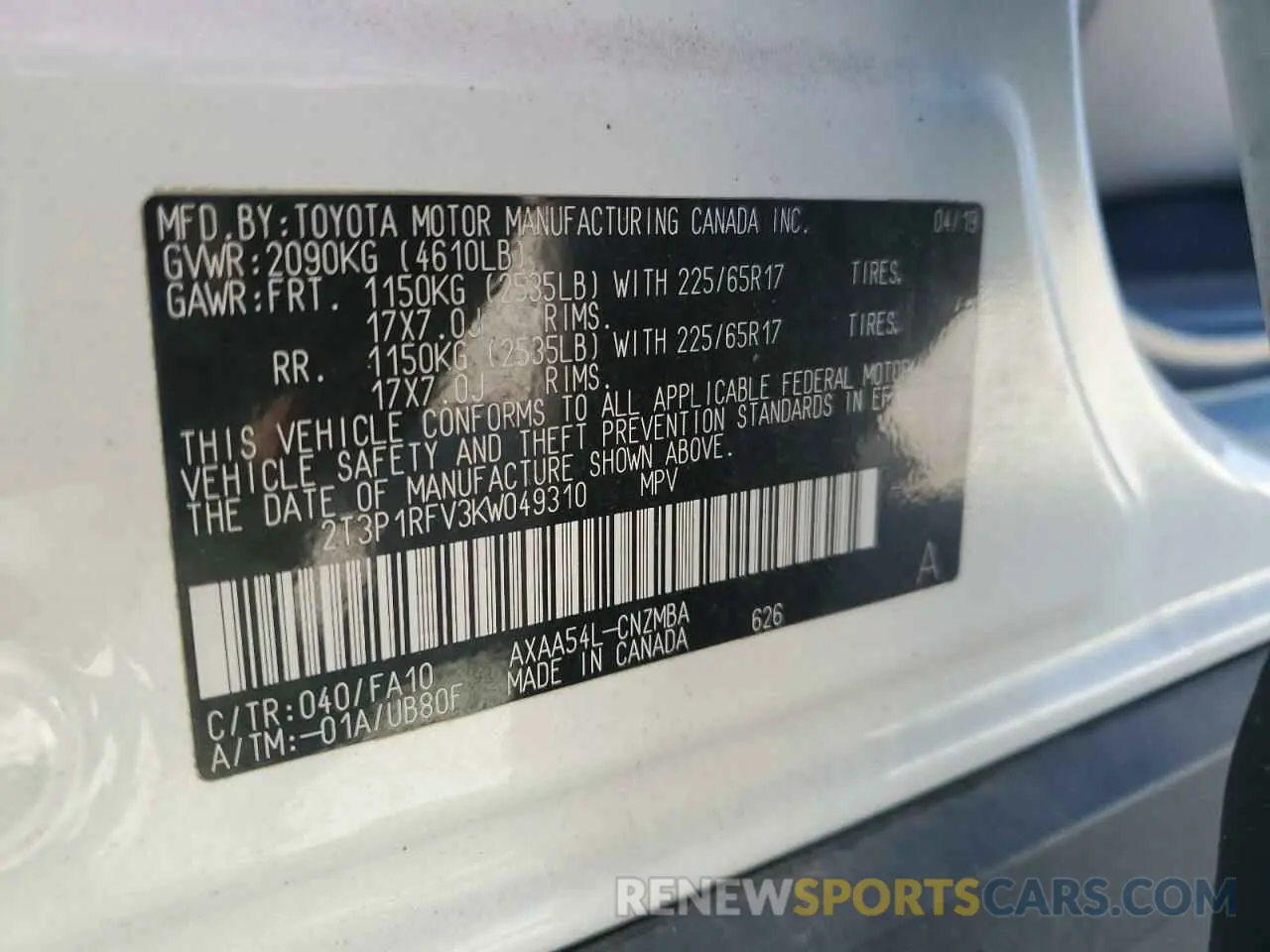16 Photograph of a damaged car 2T3P1RFV3KW049310 TOYOTA RAV4 2019