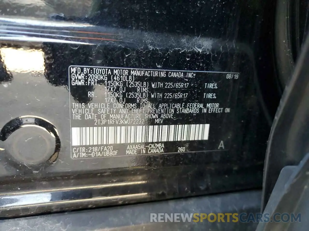 13 Photograph of a damaged car 2T3P1RFV3KW072232 TOYOTA RAV4 2019