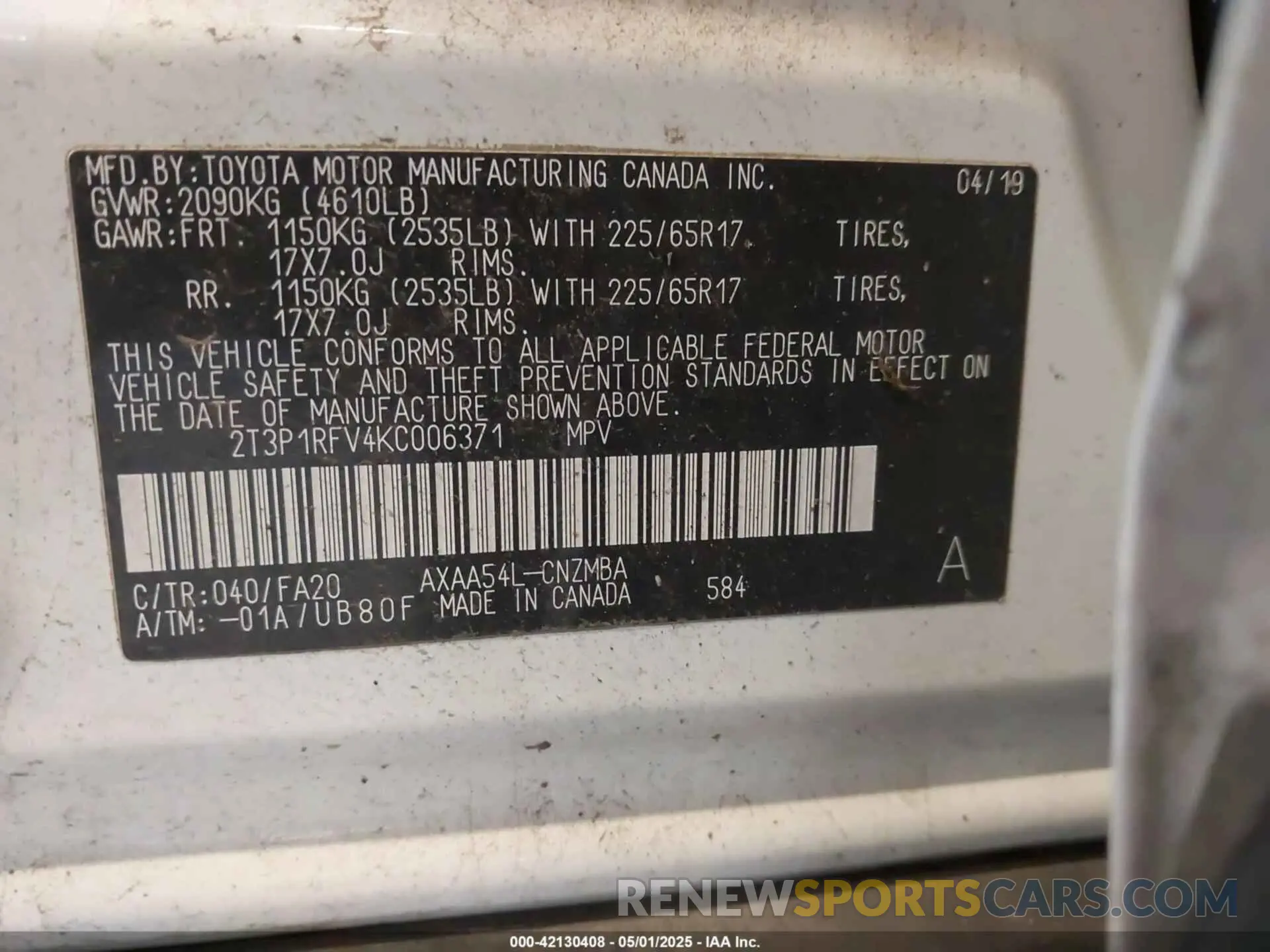 9 Photograph of a damaged car 2T3P1RFV4KC006371 TOYOTA RAV4 2019