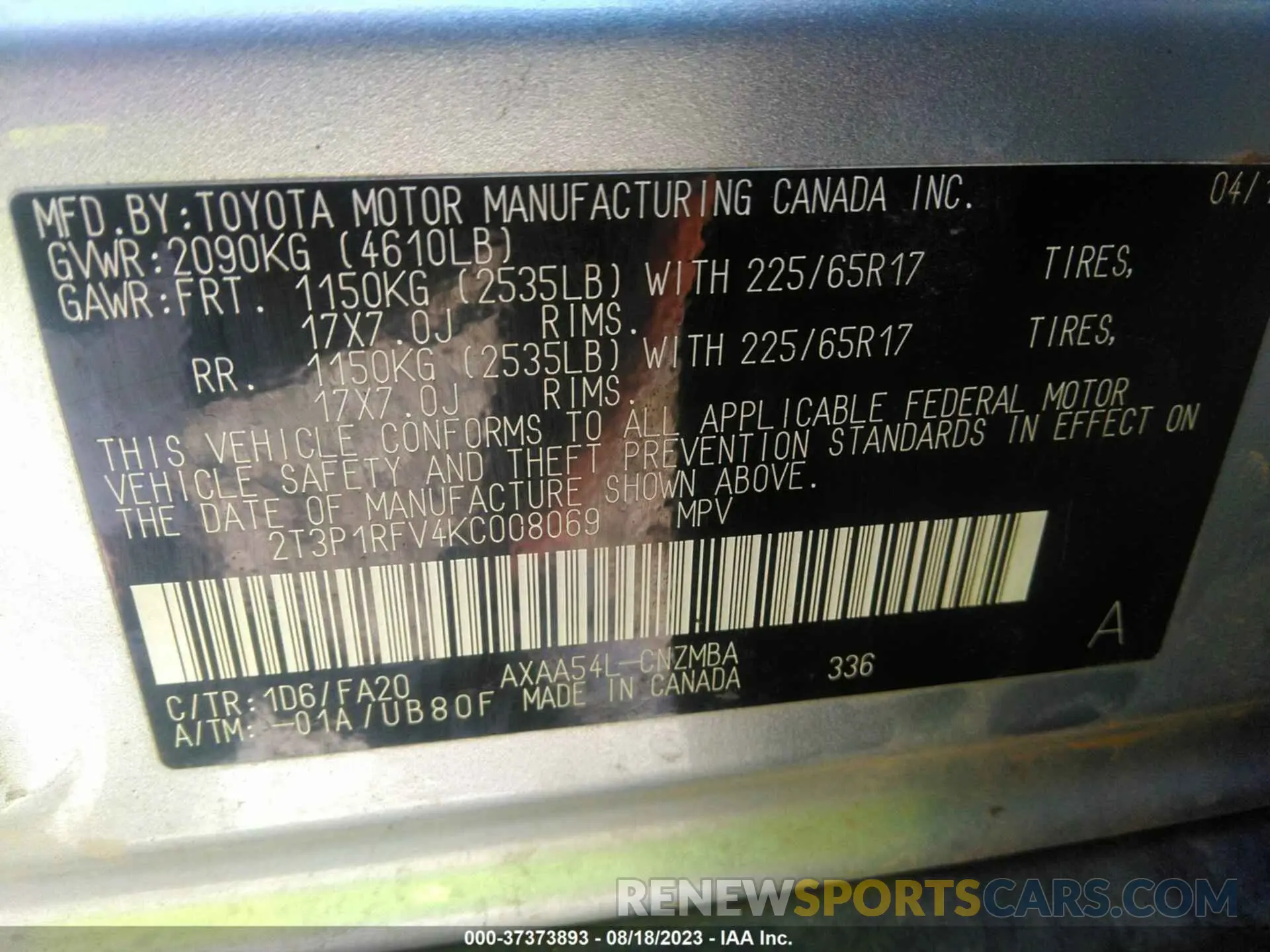 9 Photograph of a damaged car 2T3P1RFV4KC008069 TOYOTA RAV4 2019