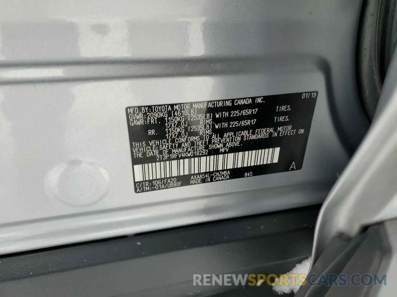 13 Photograph of a damaged car 2T3P1RFV4KW018292 TOYOTA RAV4 2019
