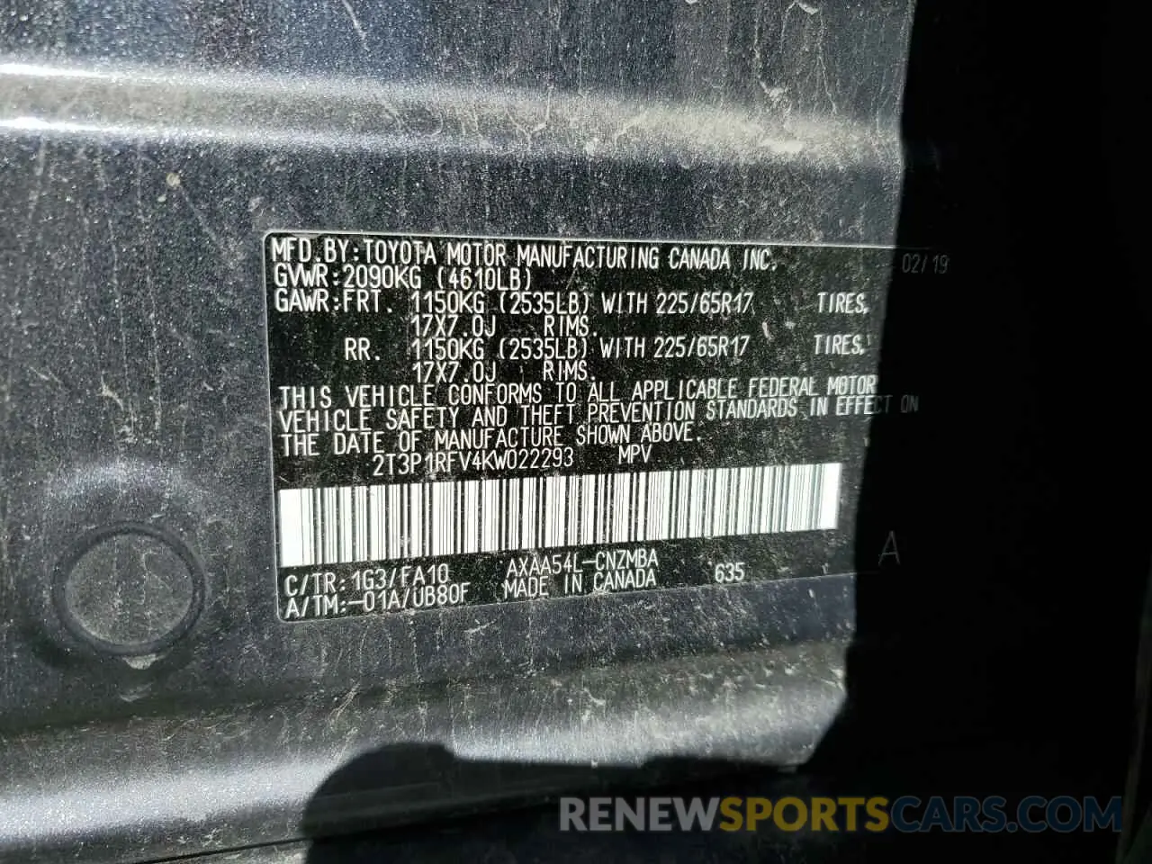 13 Photograph of a damaged car 2T3P1RFV4KW022293 TOYOTA RAV4 2019