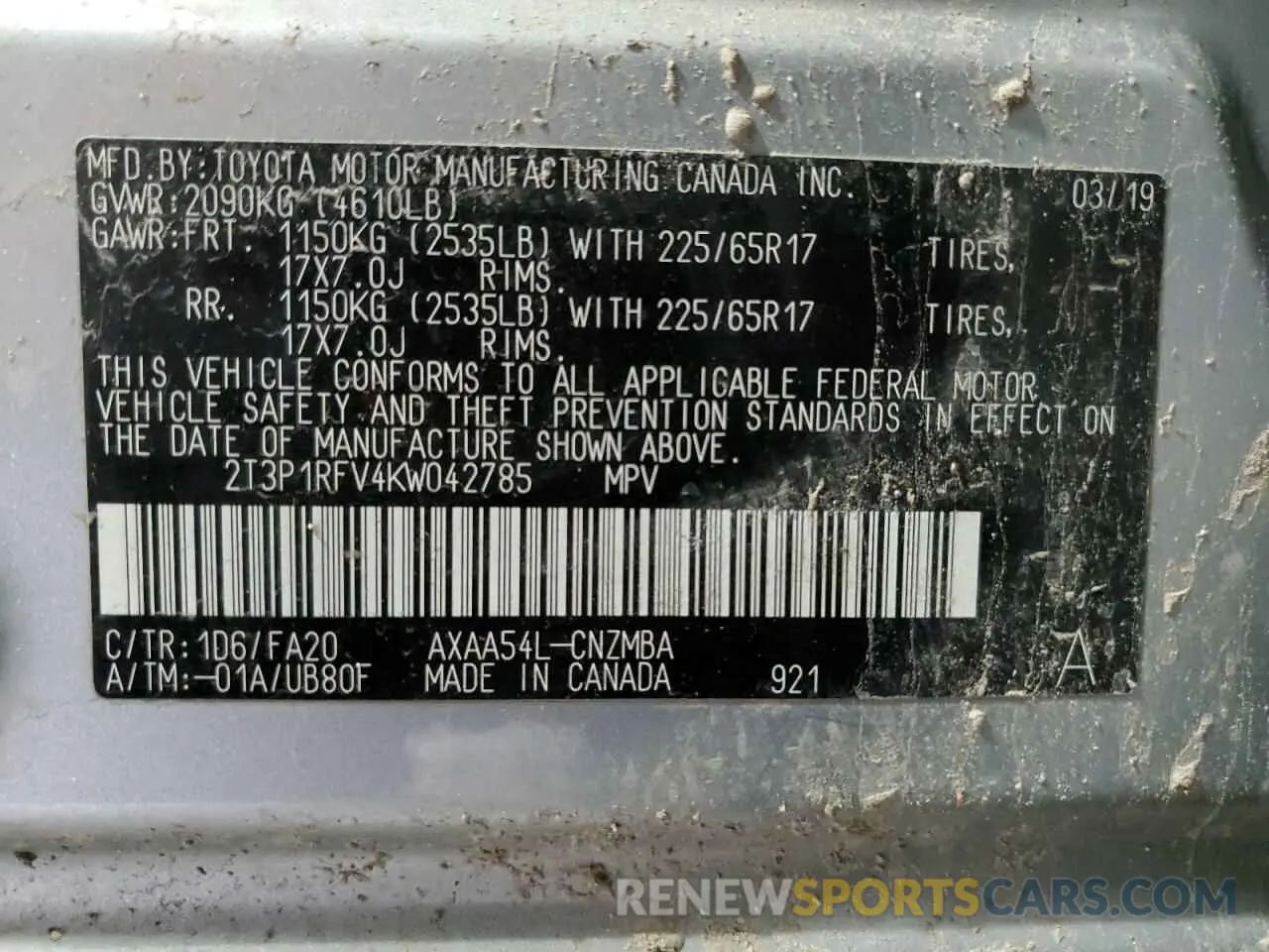 13 Photograph of a damaged car 2T3P1RFV4KW042785 TOYOTA RAV4 2019